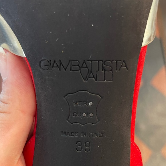 Giambattista Valli Red Satin & Silver Mirror Slingback Pump Heels - Picture 7 of 9